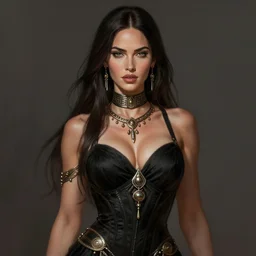 portrait of megan fox, muscular upper body, choker, greek, jewelry, black dress, fantasy, intricate, elegant, highly detailed, digital painting, artstation, concept art, matte, sharp focus, illustration, art by aenaluck and roberto ferri and greg rutkowski, epic fantasy, digital painting