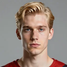 hyper realistic portrait of superhero with blonde two sides hair and thin face lines