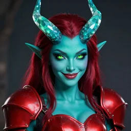 rococo style portrait of a demon girl with deep teal skin, straight aquamarine crystal horns, shiny dark red hair, eyes shifty lime green and a playful smile wearing crimson armor, highly detailed masterpiece, artstation trending, 8 k