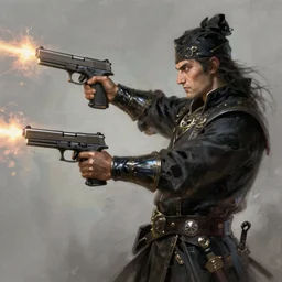 A sorcerer wielding two Glock pistols, bust shot, smooth, intricate, elegant, power aura, digital painting, artstation, concept art, high tech fantasy, sharp focus, illustration, art by Ilya Kuvshinov-H 640