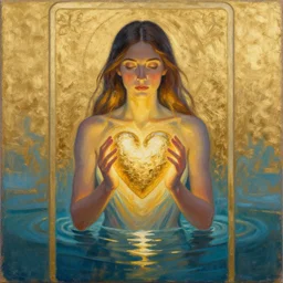 a painting of a woman holding a glowing golden heart in the water, an acrylic on canvas painting by amanda sage and magali villenueve, louvre contest winner, gold foil, metaphysical painting, wiccan, mystical, tarot card art