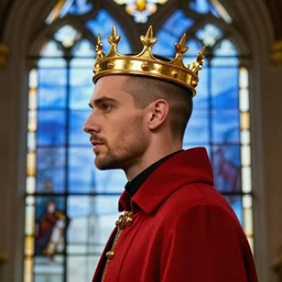 side - view portrait of a man wearing a shiny golden crown, buzzcut, stubble, he wears a red coat, gothic stained glass window, blue sky background, very masterful, royal, backlit