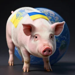 photo of an sad pig with a ukrainian flag on the back of the planet, photorealism