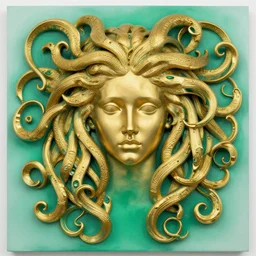Medusa by cy Twombly and BASTIEN LECOUFFE DEHARME, gold and emerald, iridescent, volumetric lighting
