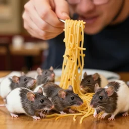 a group of mice stealing spaghetti from a man at a restaurant, close up, dslr