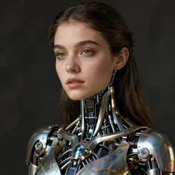 close - up portrait of beautiful young woman with cybernetic dress, art by dahmane benanteur