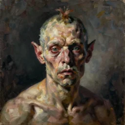 oil painting by christian rex van minnen of a portrait of an extremely bizarre disturbing mutated man with intense chiaroscuro lighting perfect composition masterpiece strangely beautiful