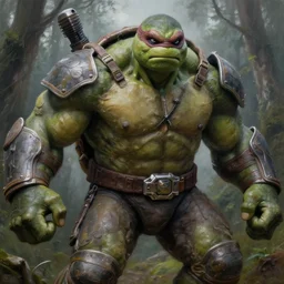 macro medium close up shot, rugged anthropomorphic muscular!!!!!!!!! oversized!!!!!!!! hulked!!!! turtle as oversized armored barbarian armored hunter turtle wearing war soldier uniform sci - fi armor in deep forest, mist, overcast, oil painting by frazetta and greg rutkowski dungeons and dragons