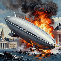 the Hindenburg crashing in flames in colour on Victorian London