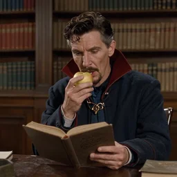 the image is a screenshot from a lost 1 9 4 0 s film still of doctor strange reading a book in a quiet library, eating an apple. the moody cinematography, with anamorphic lenses, creates a crisp, detailed image in 4 k resolution.