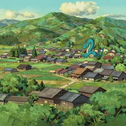 dragon above japanese rural town, summer, in the style of studio ghibli, j. c. leyendecker, greg rutkowski, artem