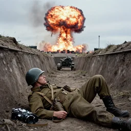 a photo taken from a trench showing a nuclear explosion in the distance, a german soldier wearing a ww 2 stahlhelm is laying on the ground and looking at the explosion, realistic, taken on a ww 2 camera.