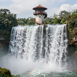 Wide waterfall with a tower on top. Tower surrounded by an external spiral staircase. Detailed gorgeous art, trending on ArtStation by Ted Nasmith.
