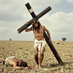 Jesus walking via dolorossa with heavy cross pushing him to the ground