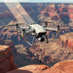 a detailed robotic drone flying above the great canyon, light rays, deep detailed rocks, illustration style, by moebius, cartoon style