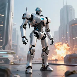 Amazing photorealistic digital concept art of a guardian robot in a futurstic city, by James Clyne and Joseph Cross. Cinematic. LED lighting. A bright billowing explosion in the distance. Wide angle. Clean lines. Balanced composition.