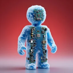 person made out of frozen motherboards, blue ice, circuitry exposed, red gradient backdrop, high detail, award winning, 3 3 mm, 4 k