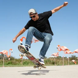 flamingo, skateboarding like a pro, still, doing a handplant trick, wearing sun glasses and a backwards baseball cap