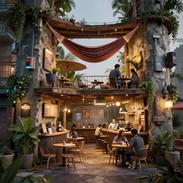 a beautiful and cozy octane render of a cyberpunk coffee shop on a hammock structure between two towers, hyper detailed, multiple levels, award winning art, by bladerunner, by cameron, by gibson, mead,