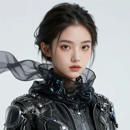 classy elegant sophisticated very up close portrait of a cute dainty girl, cyber future jacket, ultra detailed wire decoration, black future mechanical transparent scarf, big eyes, fantasy art by nixeu and guweiz and ilya kuvshinov, sleek curves, intricate sharp focus, trending on artstation hq, deviantart, pinterest, unreal engine 5, 4 k uhd image