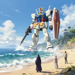 A serene coast with a GIANT MECHA GUNDAM, wizard, bright sunny waves splashing on the beach, rendered by simon stålenhag, rendered by Beeple, Makoto Shinkai, syd meade, environment concept, digital art, Gundam style, starwars, unreal engine, 3 point perspective, WLOP, trending on artstation, low level, 4K UHD image, octane render,