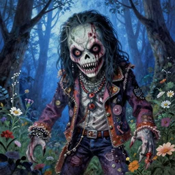 a pretty but sinister and creepy monster in layers of fear decoupage, with haunted eyes, wearing punk clothing, violence in his eyes, 1 9 7 0 s, seventies, delicate embellishments, a little blood, woodland, blue dawn light shining on wildflowers, painterly, offset printing technique, rankings pixiv, artstation