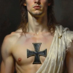 very beautiful!!!!!!!!!!!!! male, closeup portrait, sci fi, fantasy, intricate, with german iron cross on bare chest, elegant, loin cloth, highly detailed, oil painting, artstation, concept art, matte, sharp focus, illustration, hearthstone, art by earl norem