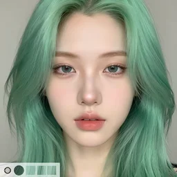 a pale girl with green hair, soft facial features, looking directly at the camera, neutral expression, instagram picture