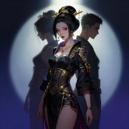 cyberpunk geisha, rule of thirds, intricate outfit, spotlight, by greg rutkowski, by jeremy mann, digital painting
