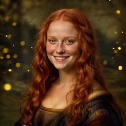 portrait of a happy young woman, among the lights of golden fireflies and nature, long loose red hair, intricate details, green eyes, hint of freckles, round gentle face, gorgeous dress, deep focus, smooth, sharp, golden ratio, hyper realistic digital art by artemisia lomi gentileschi and leonardo da vinci and artgerm