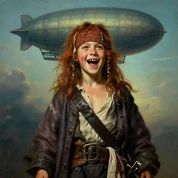 realist portrait painting of a 3 5 years old rugged joyful male pirate long long hair soft hair crimson hair simplistic clothes long coat upper body elegant muscular rugged handsome, prominent floating mechanical zeppelin in upper background sky, key art cinematic lighting art 1 9 4 5 by mucha rutkowski artgerm