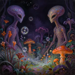 a neoclassicist painting of a purple and orange alien garden with plants, flowers, mushrooms at night with glowing bubbles. iridescent textures. glowing fog. highly detailed fantasy science fiction painting by moebius, norman rockwell, frank frazetta, and syd mead. rich colors, high contrast, gloomy atmosphere, dark background. artstation