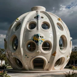 a massive generative design ceramic pod structure with paint splatters all over it