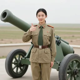 Young woman in the Mongolian army wearing a khaki jacket, shirt and tie with trousers, giving a thumbs up to the camera, posing next to a cannon