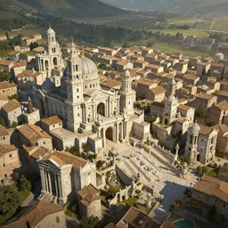 aerial view of an utopic roman fantasy town by ralph horsley, marble buildings, rossdraws, matte painting, stylized background, cinematic lighting, maya, pixar, unreal engine, artstation