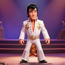 elvis presley with pretzel legs, pixar character, 3 d, stage background