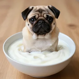 a pug sitting in a bowl of yogurt, covered in yogurt, trending on artstation, high resolution photo,