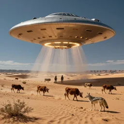 UFO, desert scene, cowboys and coyotes rustling cows