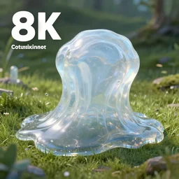 8 k, translucent raytracing, high details, octane render, volumetric lighting, photorealism, artstation contest winner, cgsociety, render of one huge fantasy transparent translucent water - slime in the meadow. fantasy, masterpiece