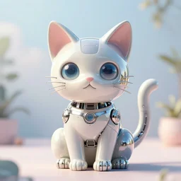 a modern cybernetic cute cat made from porcelain and steel, insane reflexions, pastel colored, daylight, peaceful, 8 k, ambient occlusion, octane render