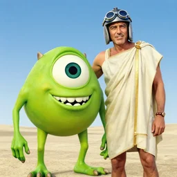 a mix of mike wazowski and george clooney wearing a toga and helmet with goggles