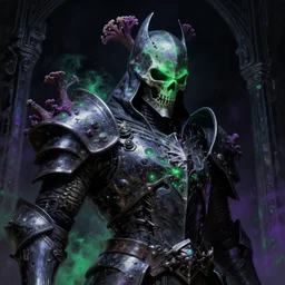 a close - up view portrait of a silhouetted supernatural reef fungus fractal knights armor, dark knight in brutalist halls with metallic alien technology. close - up view, detailed textures. glowing green purple fog, dark black background. poison skull face, highly detailed fantasy science fiction painting by moebius, norman rockwell, frank frazetta, and syd mead. rich colors, high contrast, hyperrealistic, ultra detailed, advertisement still