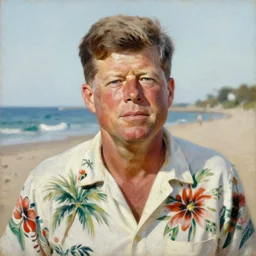 far portrait of john f kennedy, old, wrinkled, and grey on nantucket beach, handsome, hawaiian shirt, oil on canvas by william sidney mount - 1 9 8 2, trending on artstation
