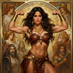 salma hayek as a barbarian, flexing large muscles, leather clothing, gold accessories, elegant, highly detailed, digital painting, matte, sharp focus, art by wlop, artgerm, greg rutkowski, alphonse mucha, frank frzetta, boris vallejo, bouguereau, beksinski, cinematic