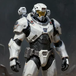 A comic book style painting of a soldier in white and black colored power armour, in a space horror setting, unreal 5, DAZ, hyperrealistic, octane render, RPG portrait, dynamic lighting
