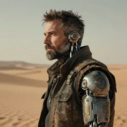 a rugged middle aged engineer man with cybernetic enhancements lost in the desert, scifi character portrait by greg rutkowski, esuthio, craig mullins, short beard, funky hair, green eyes, 1 / 4 headshot, cinematic lighting, dystopian scifi gear, gloomy, profile picture, mechanical, half robot, implants, dieselpunk