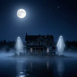 ghosts in old house in the middle of the lake, fog, moon, night sky, black ad white stars, deep blue mood, by stanley kubrick