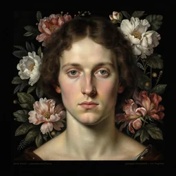 portrait of a person with floral background on black paper : : by elena masci, nychos, giuseppe arcimboldo, tom bagshaw : : digital art, portrait, illustration, photorealism, hyperrealism, hyper - maximalist, surrealism, negative space, intricate detail, muted, natural tones, weta, wlop, deviantart, imaginefx