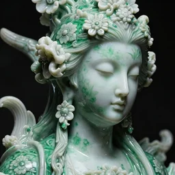 a dark baroque close - up portrait of an ornate green and white floral porcelain being made out of white sci - fi vitrified translucent ceramic marble ; china. reflective detailed textures. gloomy black background. highly detailed fantasy science fiction painting by moebius, norman rockwell, frank frazetta, and syd mead. rich colors, high contrast. artstation