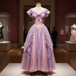 the film still photographed image is a vintage haute couture evening gown from the 1 9 3 0 s. the evening ensemble is inspired by a purple pink princess soft pastel dusty. it is displayed on a mannequin in a museum exhibit. vibrant cinematography, anamorphic lenses, upscale, hyper realistic photo, crisp, detailed image in 8 k resolution.